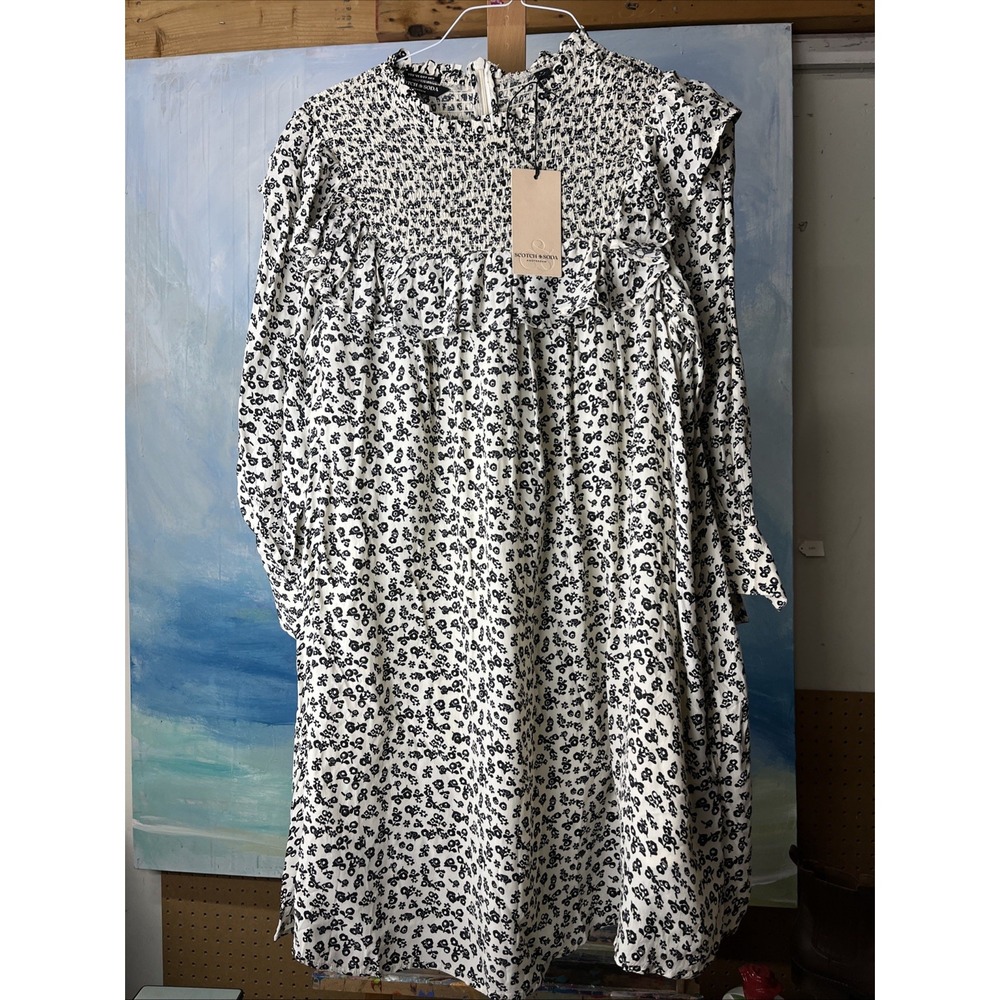 NWT Scotch & Soda blk/ivory long sleeve Smocked dress Size Small Floral Cottage